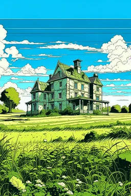 Disused, Victorian Manor House, Blue Sky, Over-Grown Fields, Vector Art