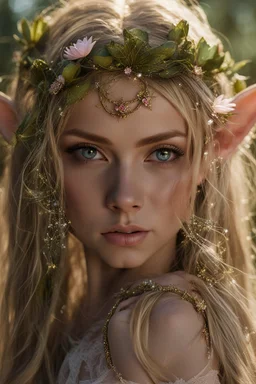 Pointed elven ears,Blonde hair ,Pink dress,Sparkling fairy wings,Very long golden hair,Fairy crown,pointed ears,elven ears,fairy wings,water lilies,sparkling,glittering,flowers,blossoms,golden crown,light pink dress