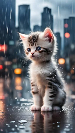 Sad Little kitten crying in the pouring rain against the backdrop of the city