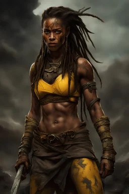 Nakia Burrise as yellow Rangers power rangers , Very muscular woman with long dreadlocks and tribal tattoos in barbarian clothes with bronze axe in abandoned village, realistic face, close-up, brutal, dark fantasy, smoke in the sky, lightnings, rain, intricate details, hyper detailed, Jean Baptiste Monge, Carne Griffiths, Michael Garmash, seb mckinnon ,