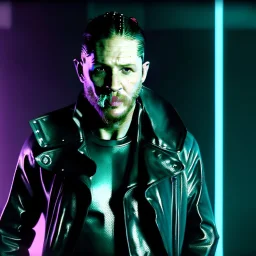 Actor, tom hardy, blade runner style, rain, fog, neon ambient, gradient color, clean skin, circuits, latex coat, cyber punk, neon, tubes, portrait, studio photo, unreal engine 5, smooth color, 16 bit, god lights, ray tracing, RTX, lumen lighting, ultra deatail, volumetric lighting, 3d, finely drawn, hd.