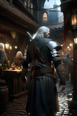 male with white hair with witcher armor, 2 swords strapped to the back, photorealistic, hiding in an alley near a window, watching potential suspect in a crowd in a bar