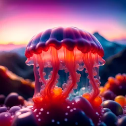 photograph of a (one massive colorful jelly:1.2) growing out of the jelly mountain, (focus on jelly:1.2), 4k, 8k, (highly detailed), ((landscape)),(translucent jelly:1.1), light going trough the jelly, bokeh, chromatic aberration, mountain view,