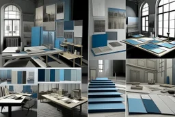 mood board for architectural graduation project and its a museum and the colors are blue and grey and the furniture for a paintings museum and show the color plates