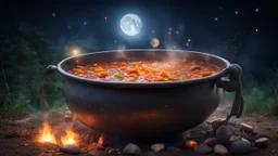 delicious stew bubbling in a cauldron suspended over heat, outside, night, stars, moon, fireflies, award-winning photograph, beautiful composition, exquisite detail and illumination