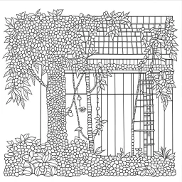 GARDEN HOUSE, "Climbing Vines: Decorate the Garden House with lush, climbing vines, full view, realistic, coloring page, only draw lines, coloring book, clean line art, wildlife-inspired, kid style, –no sketch, color, –ar 3:4, white background, minimalistic black lines, 8k, minimal black color, low level black colors, coloring page, use pure black and white colors, avoid thick black colors, thin black line art, avoid colors, perfect shape, perfect clear lines, clear edges,