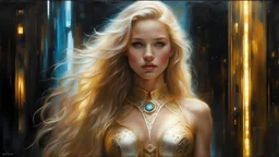 In Casey Baugh's evocative style, art of a gorgeous young smiling girl cyborg with long blonde hair, beautiful breast, and ass, futuristic, lace, elegant, highly detailed, majestic, Baugh's brushwork infuses the painting with a unique combination of realism and abstraction, greg rutkowski, surreal gold filigree, broken glass, (masterpiece, sidelighting, finely detailed beautiful eyes: 1.2), hdr, realistic painting, natural skin, textured skin, closed mouth, crystal eyes, butterfly filigree