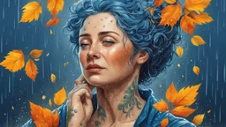 blue background, 18th century, portrait Woman 43 years old, rain, wind, autumn, leaves, splashes, tears, plants, yellow, blue, green, orange colors, bright, shower, drops, detailed, fine drawing, high detail, high resolution , 8K, rain, tattoo, city, rain