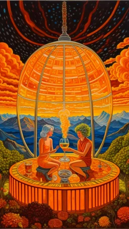 full shot of happy dandys drinking in a floating glass dome, dreamlike atmosphere, in the background the landscape burns like hell, in the style of Giacomo balla