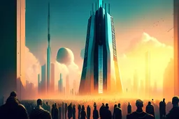 futuristic digital tall building, Crypto event, people gathered, solar punk, happy world,