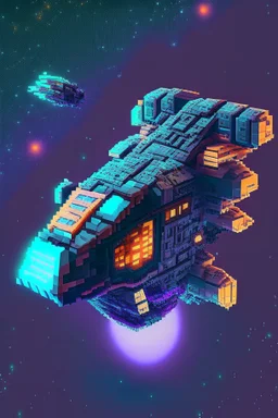 voxel space ship in game asset house anime cyberpunk style starry background