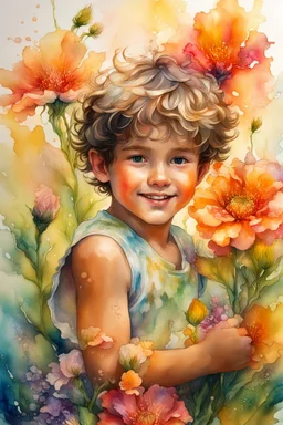 Summer flowers embraced by an alcohol ink splash, resembling Jody Bergsma's super realism infused with hyper-detailed Impressionism in 8K, a gold bar subtly nestled within the vibrant flora, a small, fluffy and slightly tanned boy exuding joy and happiness, all captured in watercolor, peaking in popularity on Artstation, photographed in a studio setting, sharp focus revealing intricate details of each