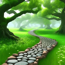 A great big oak forest with a stone path going through it.