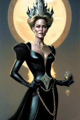 painting of Sharon Stone as evil queen in black leather gown, feminie, angry, stern look on her face, emperious, highly detailed, digital painting, artstation, concept art, smooth, sharp focus, illustration, art by gaston bussiere and alphonse mucha