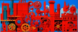 A scarlet metropolis with mechanical gears designed in ancient Greek pottery painted by Stuart Davis