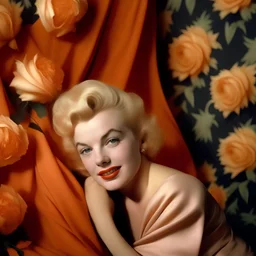 A photograph of childish marilyn monroe,with spiky hair, no make up, in the style of Cecil beaton, a pale orange silk scarf around her shoulders, flowered wallpaper, a rose