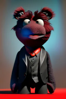 Waist up muppet Portrait, Kim Jong-un muppet doll, black suit, photo studio, red background, unreal engine 5, concept art, art station, god lights, ray tracing, RTX, lumen lighting, ultra detail, volumetric lighting, 3d.