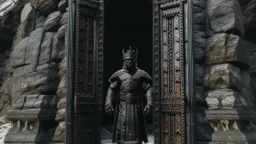 black king stands in front of huge door in mountain