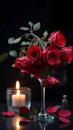 The image is a digital artwork that depicts a branch of tree of Red roses and leaves tangling down cr The background is black, which makes a branch of a tree of red roses stand out even more adding to the dreamy, ethereal quality of the image.all leaves and A big sweating glass of red wine up in front the roses. A dim light candle in the background