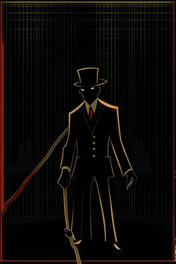 A shadow man standing behind the movie theater, his face is black, with light red eyes and sharp teeth, he is wearing a formal suit and a black hat, and he is holding a golden cane.