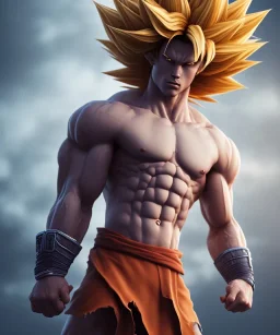 Goku, fighting pose, muscular body, shirtless, volumetric details, hyper realism, unreal engine 5