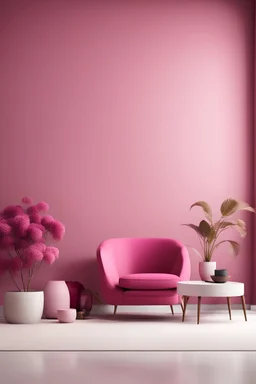 Viva Magenta contemporary minimalist interior with armchair, blank wall, coffee table and decor. 3d render illustration mockup.