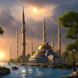 landscape, river, sun, a mosque, an outside view, and cinematic.