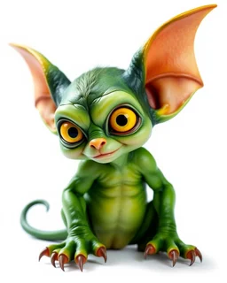 Flux P: a small gremlin, with large expressive yellow eyes and oversized ears that resemble bat wings. The creature has a vibrant green, slightly scaly skin, and a playful, mischievous expression. It sits in a dynamic pose, with a curled tail and pawed feet featuring sharp, claw-like toes. The background is minimalistic and bright white, emphasizing the creature's vivid colors. The lighting is soft and even, highlighting the detailed textures of the skin and the glossy shine of the eyes. The ove