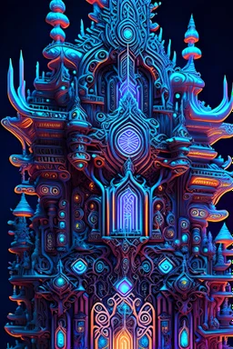 Expressively detailed and intricate 3d rendering of a hyperrealistic “neon ancient temple”: front view, shinning neon, tribalism, gothic, shamanism, cosmic fractals, dystopian, dendritic, stylized fantasy art by Kris Kuksi, mati klarwein, artstation: award-winning: professional portrait: atmospheric: commanding: fantastical: clarity: 16k: ultra quality: striking: brilliance: stunning colors: amazing depth: masterfully crafted.