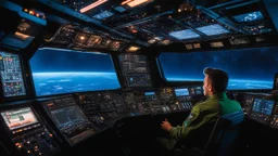 the cockpit of the mighty spaceship hummed with a symphony of lights and controls. At the helm, the young cadet in camouflage of the USS Polaris unit sat with focused intensity, hands moving deftly over the control panel as the ship glided smoothly through the atmosphere.Beside them, the cocky specialist in radar and communications, monitored the readouts with a confident grin, her expertise shining through in the precision of his actions. Below on the power deck, Astro, the skilled colonial fr