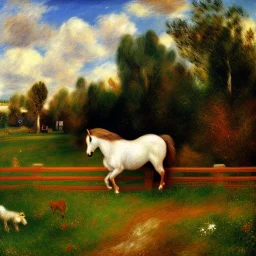 shetland pony, fence, field, oil painting, by Renoir, summer daytime, mystical