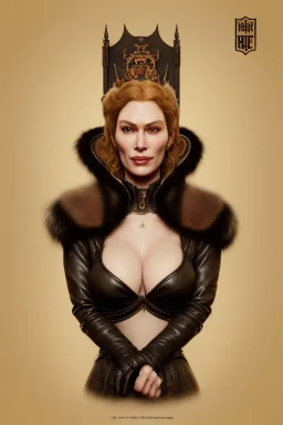 Cersei Lannister as evil queen in black leather and fur, busty, cleavage, voluptuous, lena headay, angry, stern look. character design by cory loftis, fenghua zhong, ryohei hase, ismail inceoglu and ruan jia. unreal engine 5, artistic lighting, highly detailed, photorealistic, fantasy