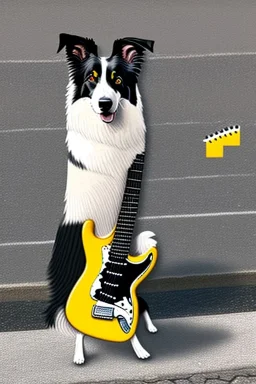 One single mature border collie, playing guitar in the street , Vienna, friendly, sunny day, model style, hyper realistic, extremely accurate, delicate, extremely detailed, Graphic novel style, wide-angle, open aperture, superfine pencil