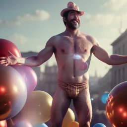 Ultra realistic circus scene. Naked stronger man, waist up view, Wes Anderson style, happy, bubbles, highly detailed, concept art, unreal engine 5, god rays, ray tracing, RTX, lumen lighting, ultra detail, volumetric lighting, 3d, finely drawn, high definition, high resolution.