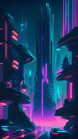 "Generate a futuristic cityscape at night, filled with neon lights, flying cars, and towering skyscrapers. Make it feel both utopian and slightly dystopian."
