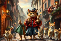 create "The Cat Pied Piper of Hamelin, whimsical and colorful Renaissance attire, playing a golden flute, leading playful and mischievous cats through vibrant, cobbled Renaissance streets, people on balconies laughing and pointing, surreal lighting, dreamlike vibe, highly detailed, vivid colors, painterly style, 8K, magical realism meets historical fiction --v 7 --ar 4:3 --style raw --q 2"