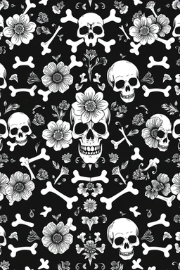 gothic pattern of bones, flowers and skulls, black and white