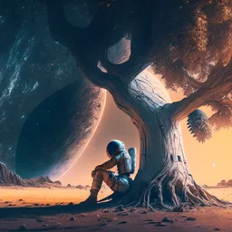 A lonely astronaut sits under the shade of an old tree on the edge of a planet. He looks at a beautiful galaxy. And he is thinking while waiting for his love.4k, high resolution. full detail.