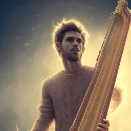 man playing harp, sweater, music