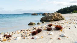sandbank with shells and sea urchins, rocks and forest in the distance,