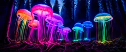 giant bio luminous Rainbow floating high, 12 long Psychedelic JellyFish, smaller jellyfish above everything, sacred geometry light floating in a forest, mist, light trails, nighttime, long exposure, Treeline, Alberta, scientist, Dystopian, Hyper detailed, Realistic, Extreme depth of field, bokeh blur, Alberta all-natural, National Geographic, in the style of candid, imperfection, natural lighting, cinematic, Fuji Film, Anamorphic lens, 2040s, --ar 4:5 --w 150 --style raw