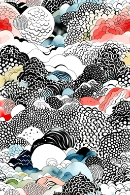 A hand-drawn ink illustration of Japanese patterns with a few splashes of watercolour