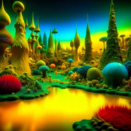 Odd swamp landscape with odd beings surreal abstract Max Ernst style, 120mm photography, sharp focus, 8k, 3d, very detailed, volumetric light, grim, fine art, very colorful, ornate, F/2.8, insanely detailed and intricate, hypermaximalist