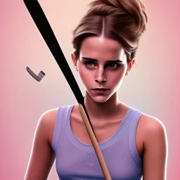 Emma watson holding a hockey stick and a fly swatter