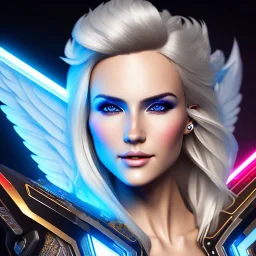 A beautiful portrait of a cute smiling cyberpunk woman with wings, long blond haire, high key lighting, volumetric light high details with white stripes and feathers and blue celtic paterns and luminous glasses in a starry background