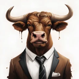 2D painting, a (brown bull [Billy] with horns) wearing a white shirt and black tie. Happy face. No text. White background