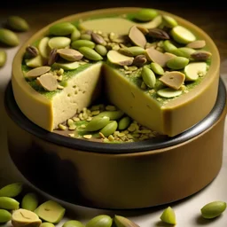 A round box of halva, surrounded by pieces of pistachios