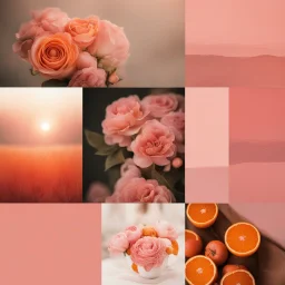 romantic mood board, warm pink and orange colours, photo quality