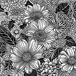 floral print, comic book style, artline,2d, only black and white, white background, black lines, only white