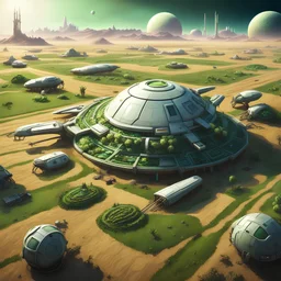 vaisseaux futuristes, début d'une colonisation d'exoplanète avec peu de verdure, planète désertique. Bâtiment relié en étoile et quelques champs agricoles avec des paysans dans les champs, maÏs, betterave et canne à sucre.